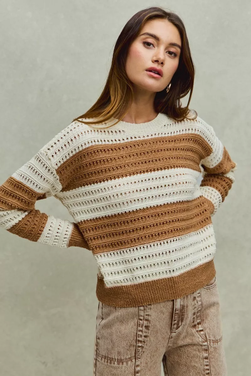 Openwork Round Neck Wide Stripe Textured Sweater, image 3
