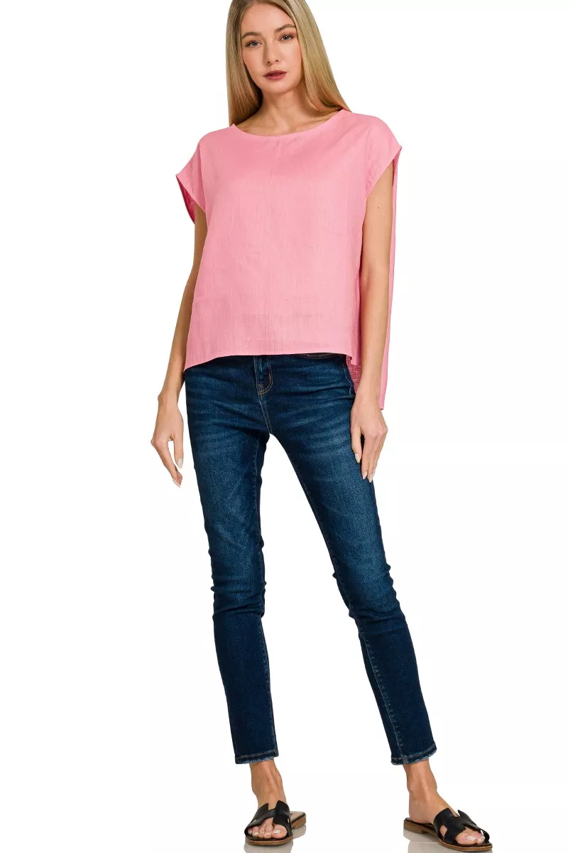 Linen Round Neck Cap Sleeve Top, image 2