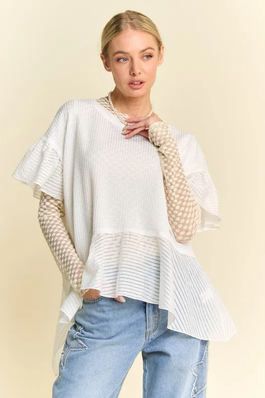 Waffle Knit Bodice Ruffle Bottom Detail Top, image 2