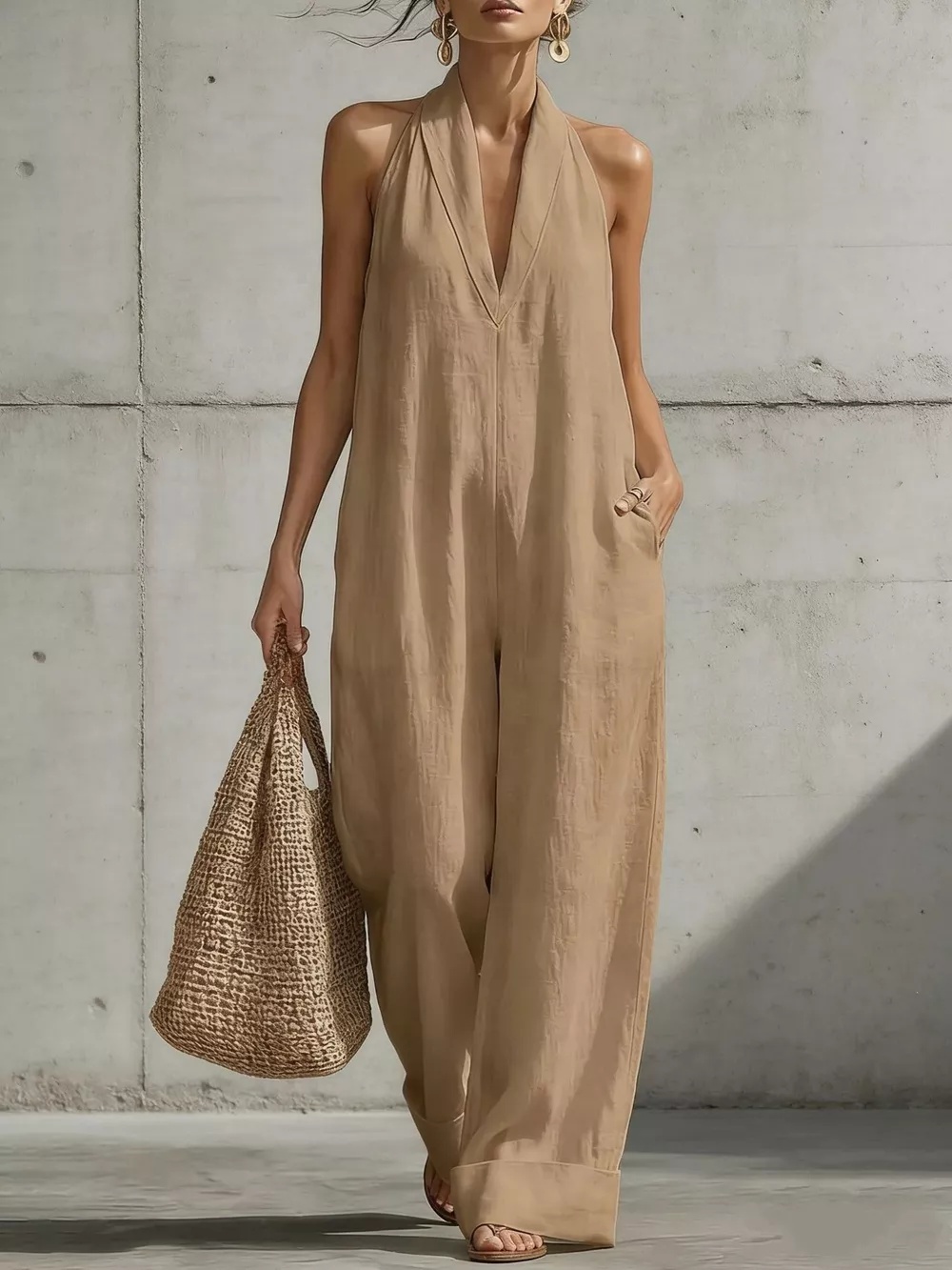 Full Size Halter Neck Wide-Leg Jumpsuit Plus Size, image 8