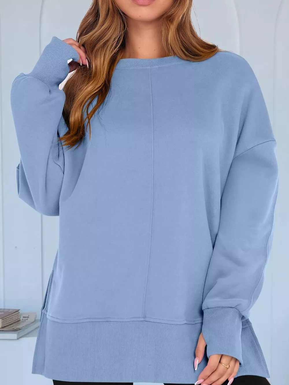 Oversized Crew Neck Sweatshirt with Side Slit, image 2