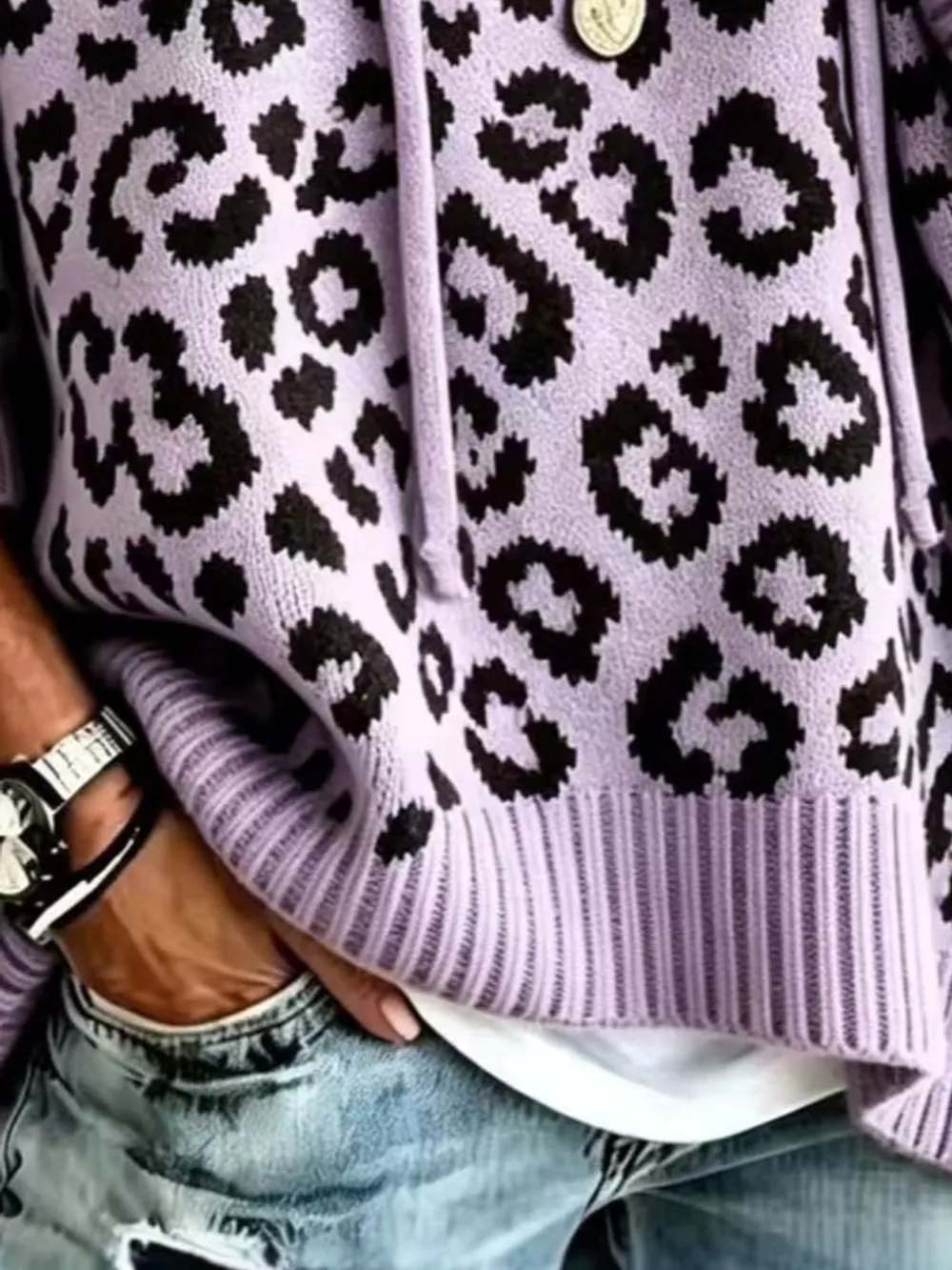 Full Size Leopard Print Hooded Knit Sweater Plus Size, image 13