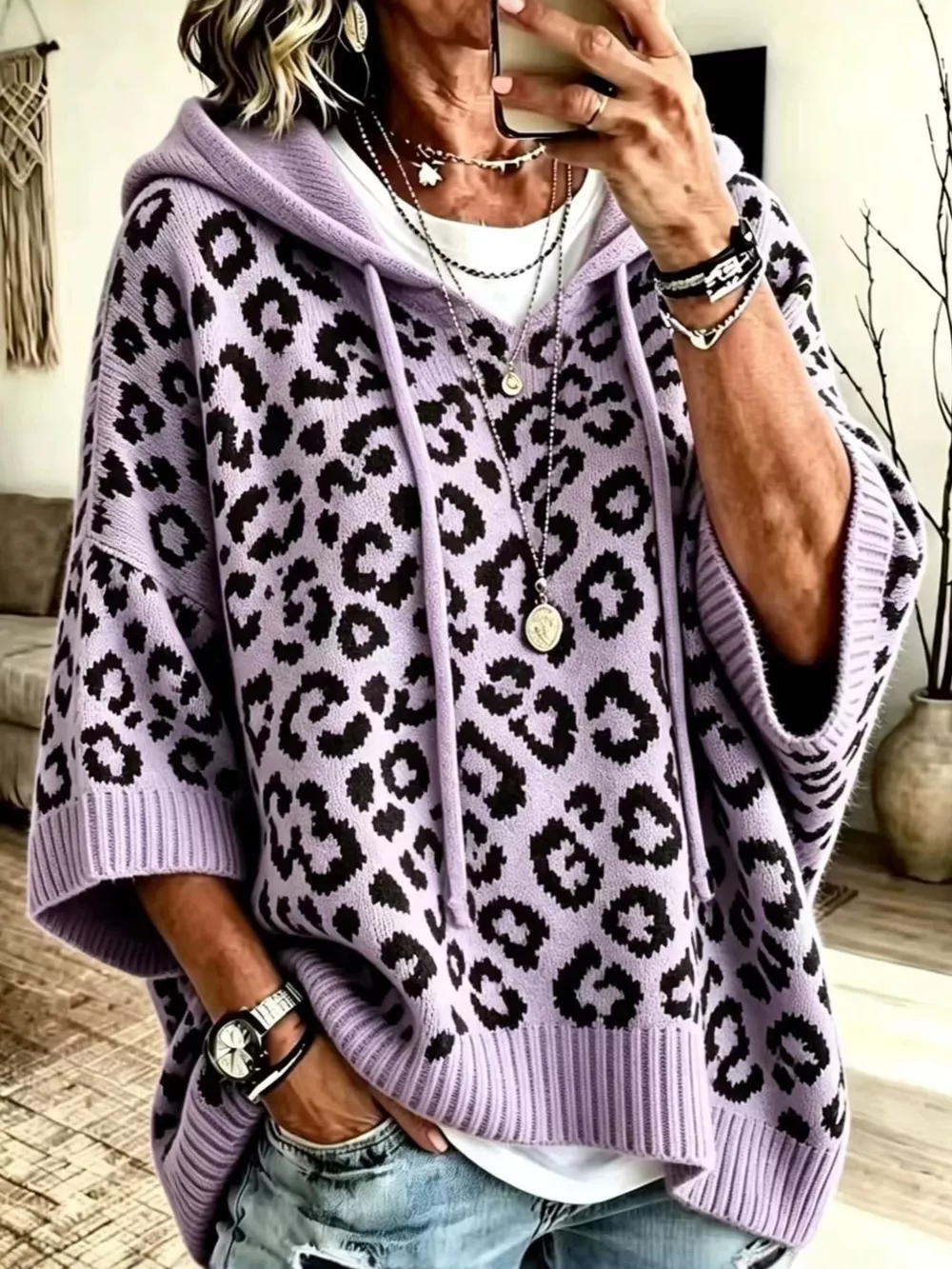 Full Size Leopard Print Hooded Knit Sweater Plus Size, image 9