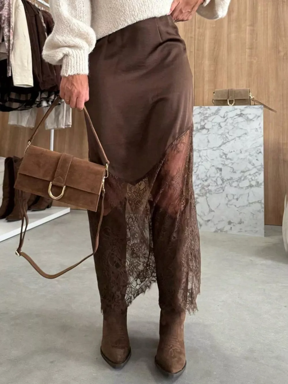 Lace Trim Satin Midi Skirt, image 2