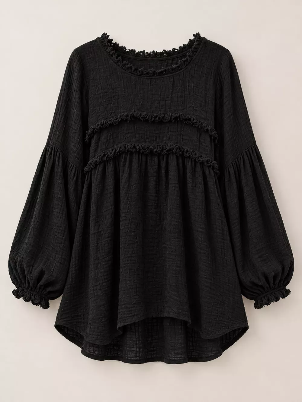 Full Size Boho Chic Textured Frayed Trim Peplum Blouse Plus Size, image 28