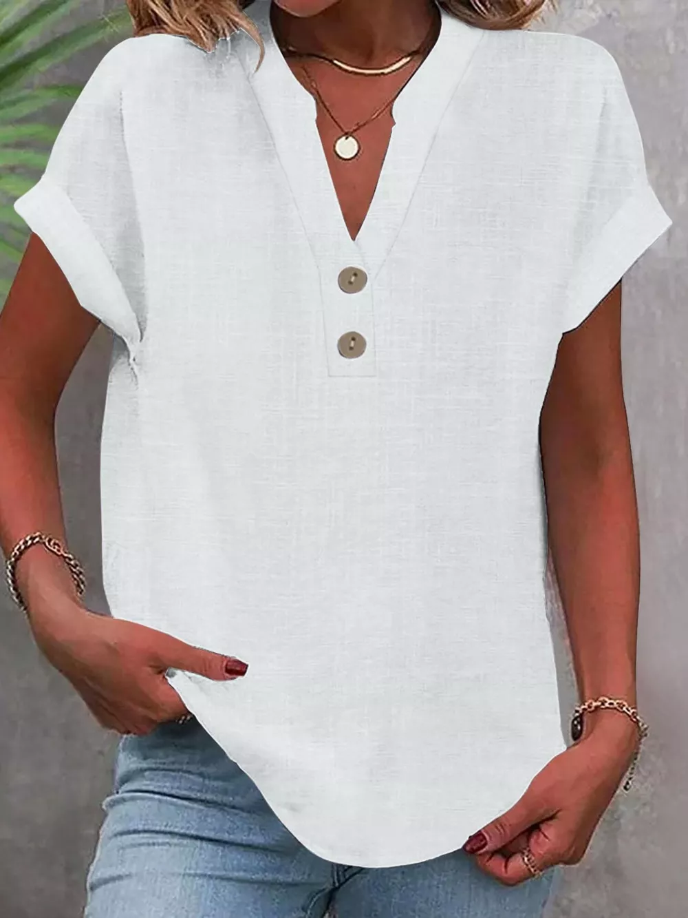 Full Size Button Detail Short Sleeve Blouse Plus Size, image 46