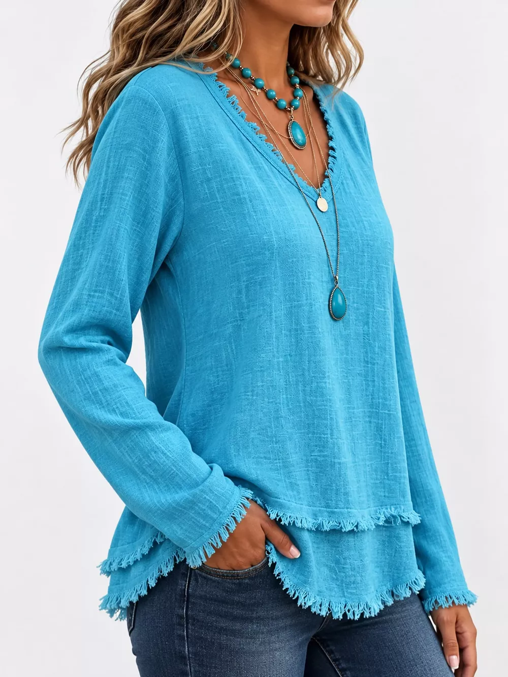 Full Size Frayed Hem V-Neck Long Sleeve Blouse Plus Size, image 27