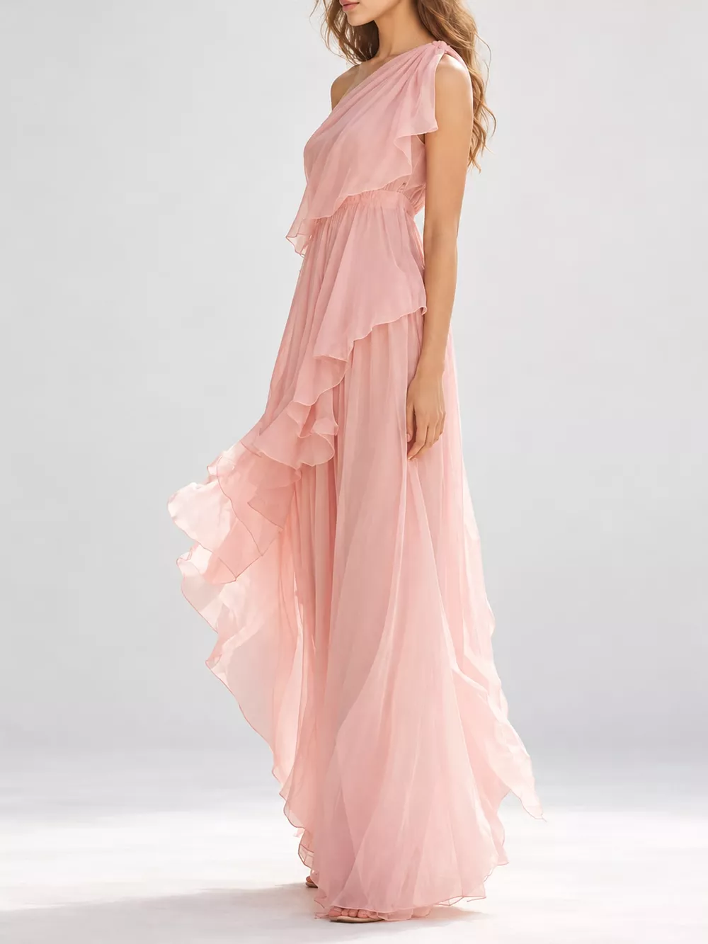 One-Shoulder Ruffled Chiffon Maxi Dress, image 2
