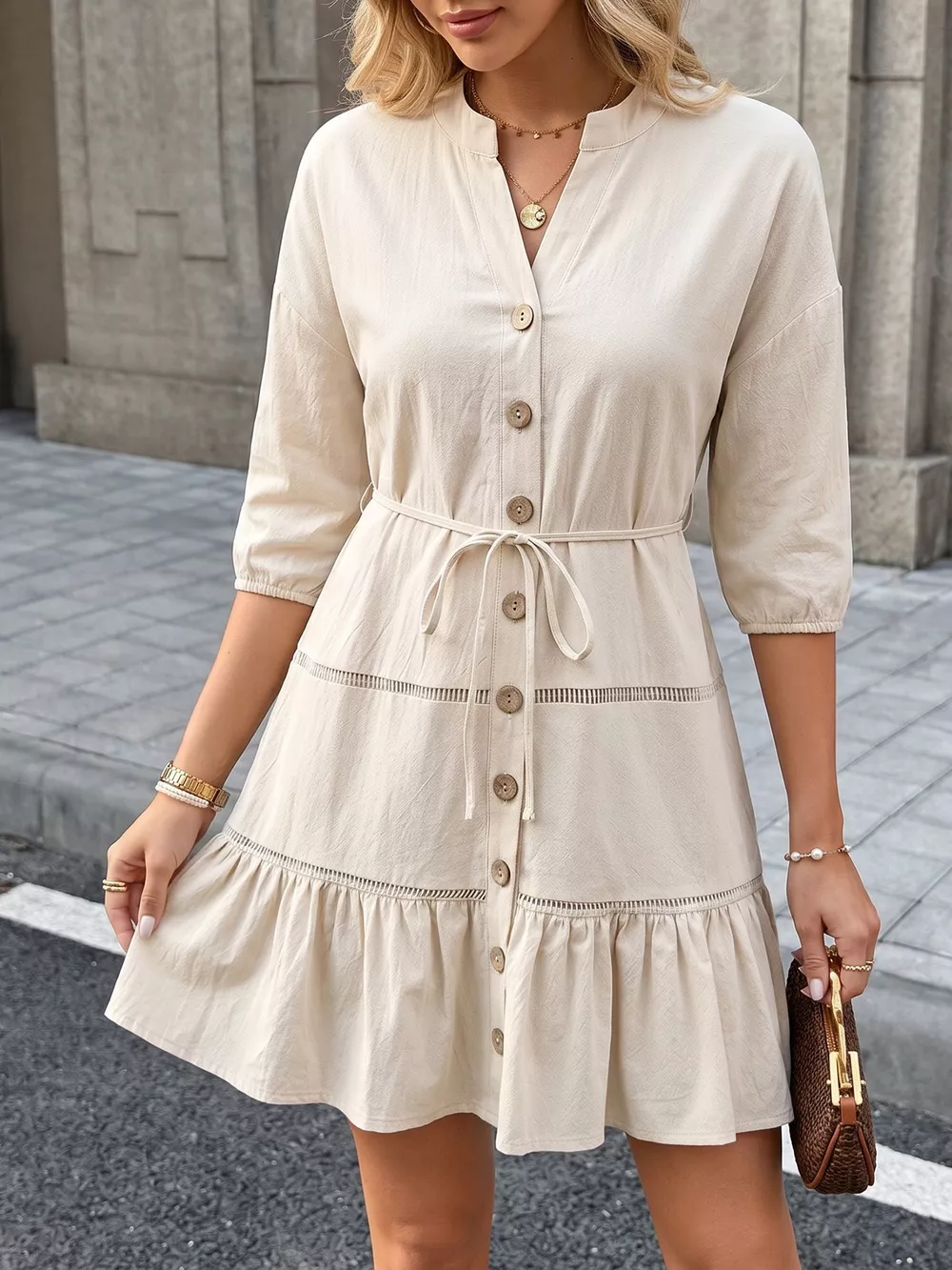 Button-Front Ruffle Hem Mini Dress, image 2