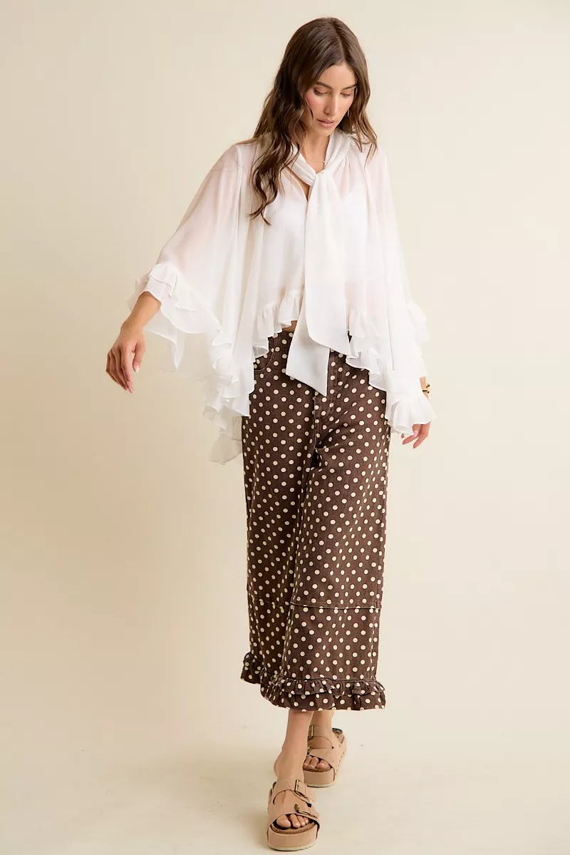 Sheer Ruffle Bell Sleeves Bow Tie Flowy Blouse Top, image 18
