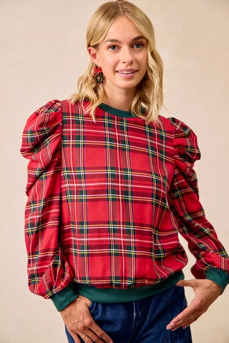 Christmas Plaid Exaggerated Shoulder Sleeves Top, image 6