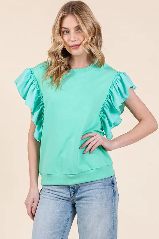 Solid Shoulder Ruffle Detail Round Neck Top