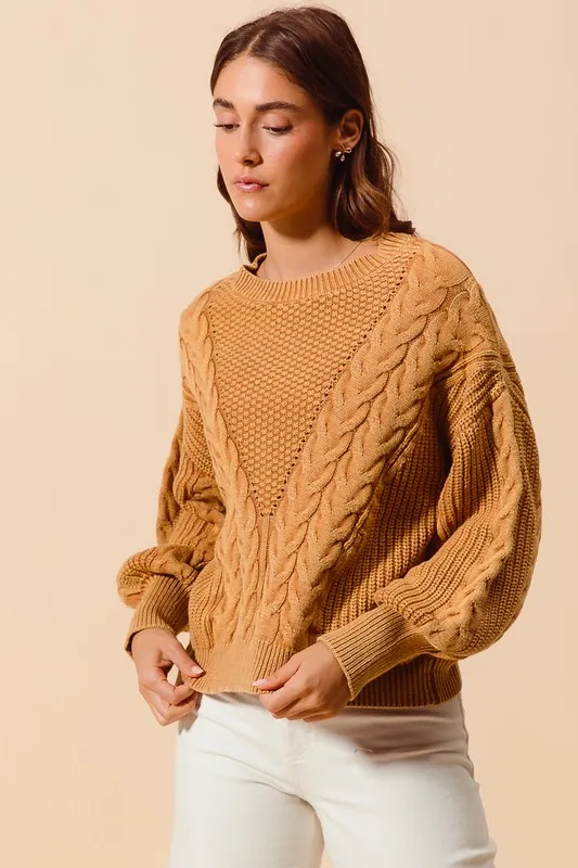 Mineral Washed Loose Fit Textured Cable Sweater, image 12