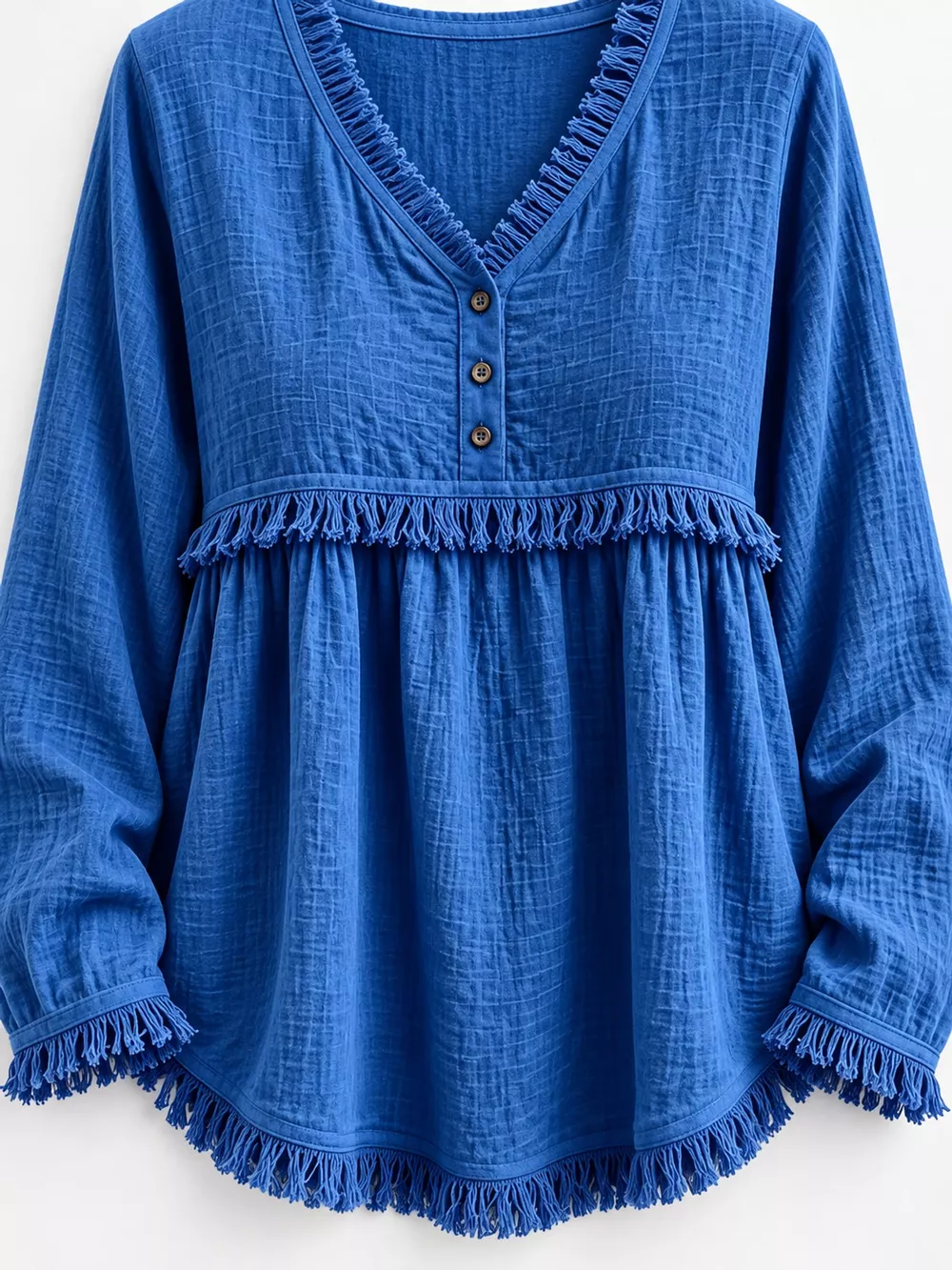 Full Size Fringed Trim V-Neck Long Sleeve Blouse Plus Size, image 58
