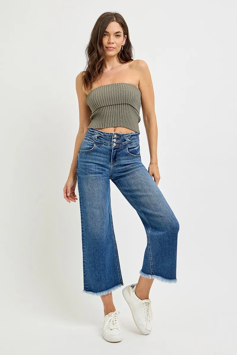 High Rise Crop Wide Leg Jeans with Wide Band Detail, image 5