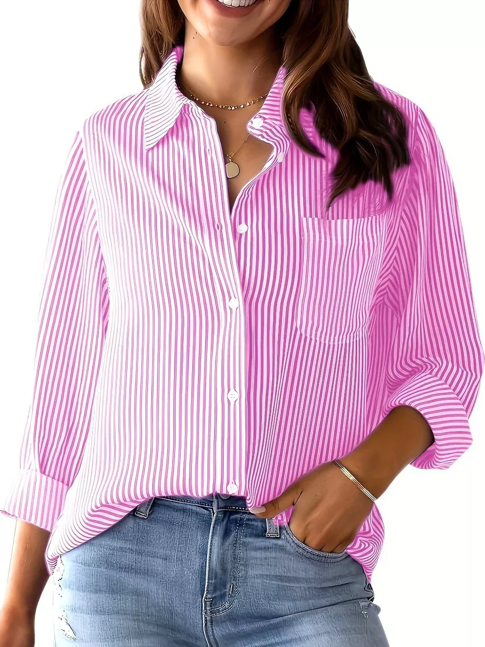 Full Size Striped Button-Down Long Sleeve Shirt Plus Size, image 20
