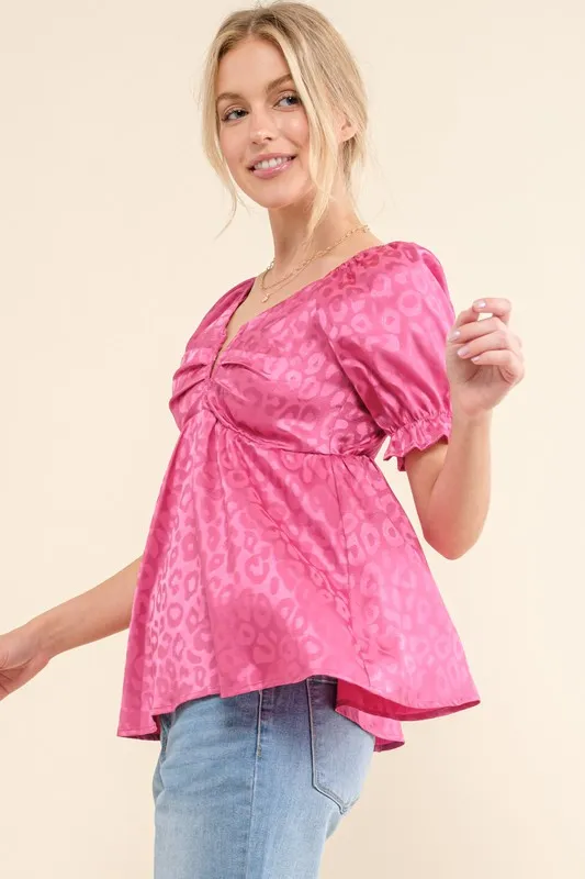 Satin Leopard V Wired Puff Sleeves Blouse, image 2