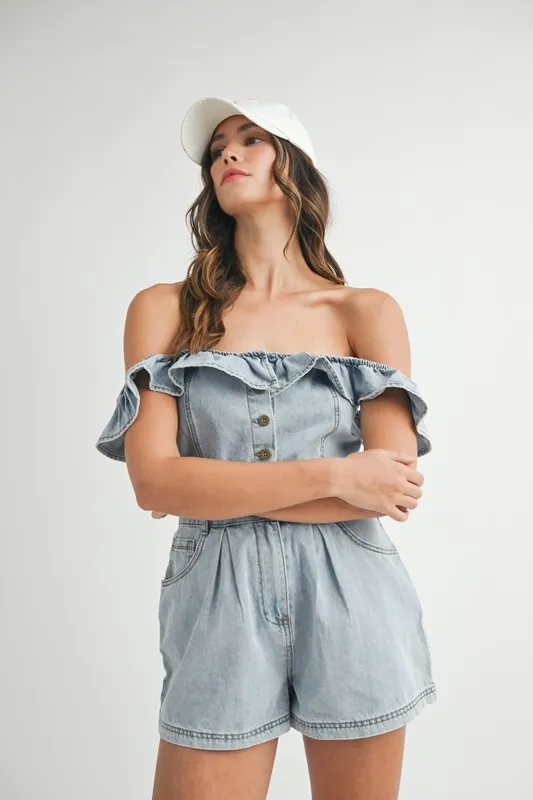 Off Shoulder Ruffle Detail Denim Romper, image 2