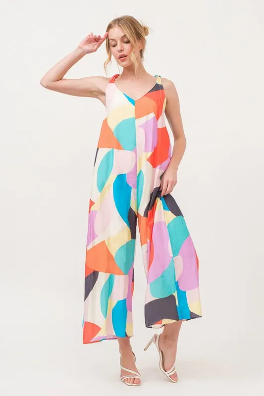 Tied Shoulder Straps Wide-Leg Geo Print Jumpsuit, image 5
