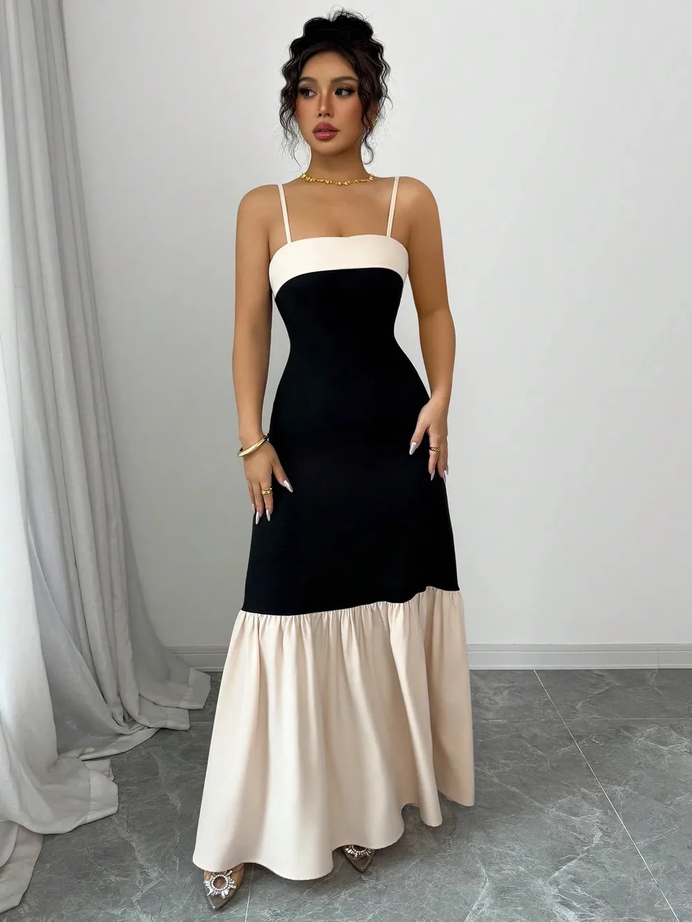 Two-Tone Spaghetti Strap Maxi Dress, image 3