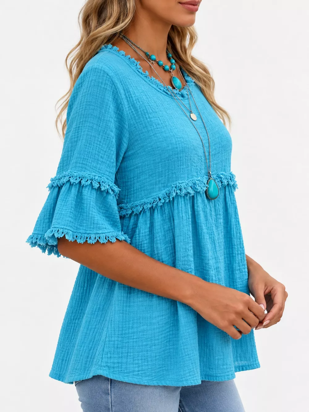 Full Size Frayed Edge Textured Blouse Plus Size, image 27