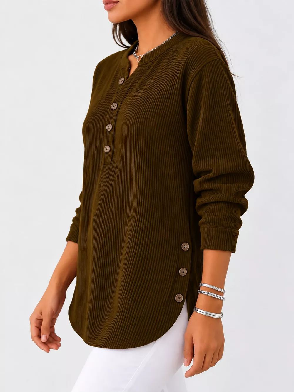 Full Size Button Detail Long Sleeve Top Plus Size, image 28
