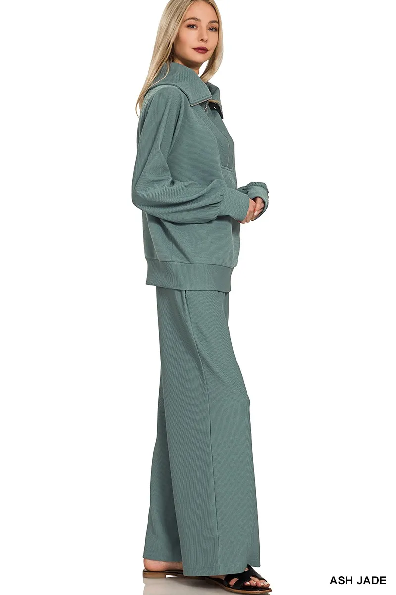 Ribbed High Neck Half Zip Pullover & Pants Set, image 2