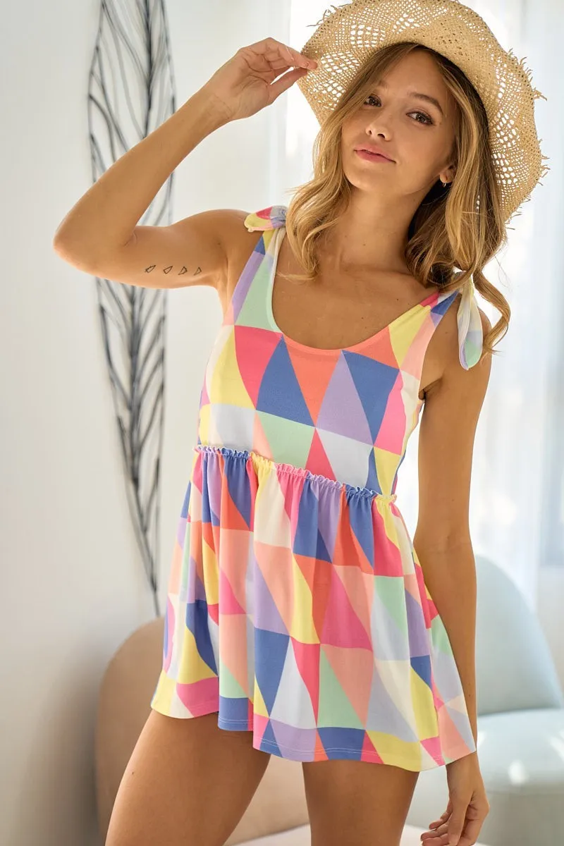 Multi Color Block Brushed Tied Ribbon Shoulder Top