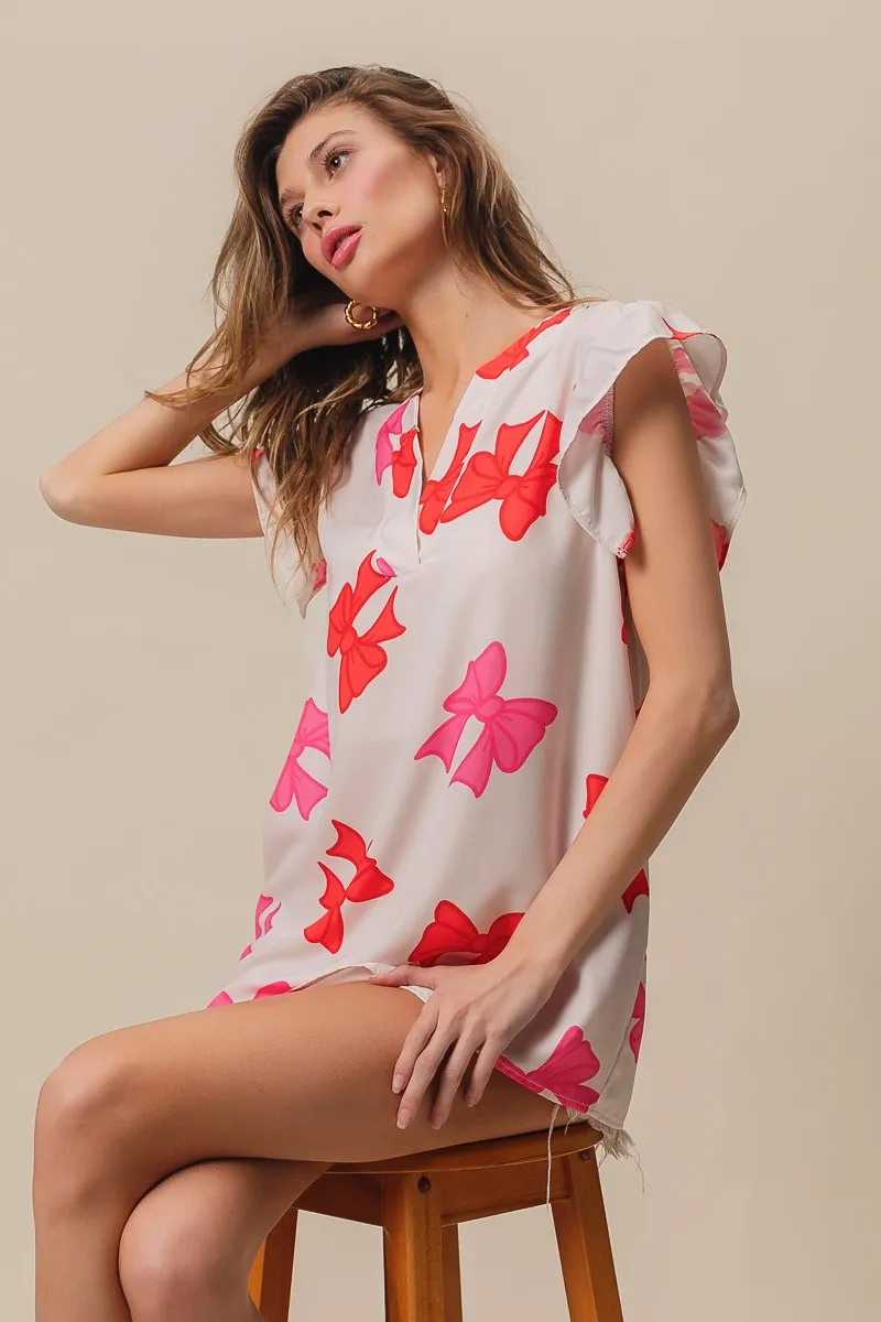 Bow Printed Woven Ruffled Sleeves V Neck Top, image 14