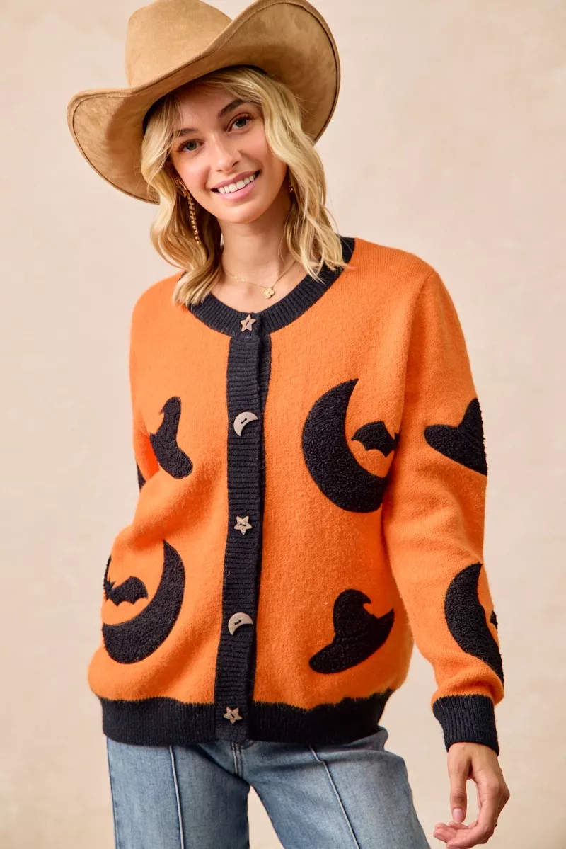 Halloween Witch Hat Moon Bat Artwork Cardigan, image 13
