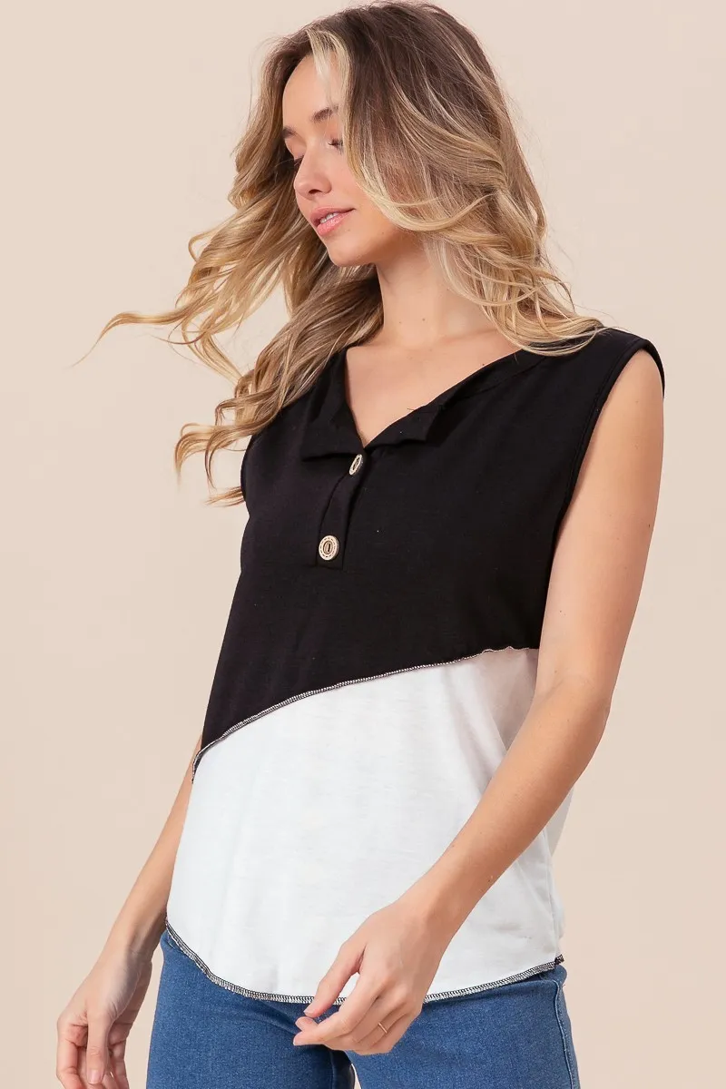 Color Block Contrast Stitching Buttoned Henley Top, image 6