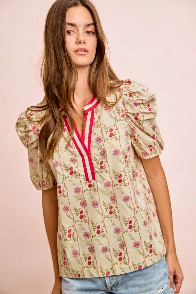 Floral Gather Sleeves Contrast Neckband Blouse Top