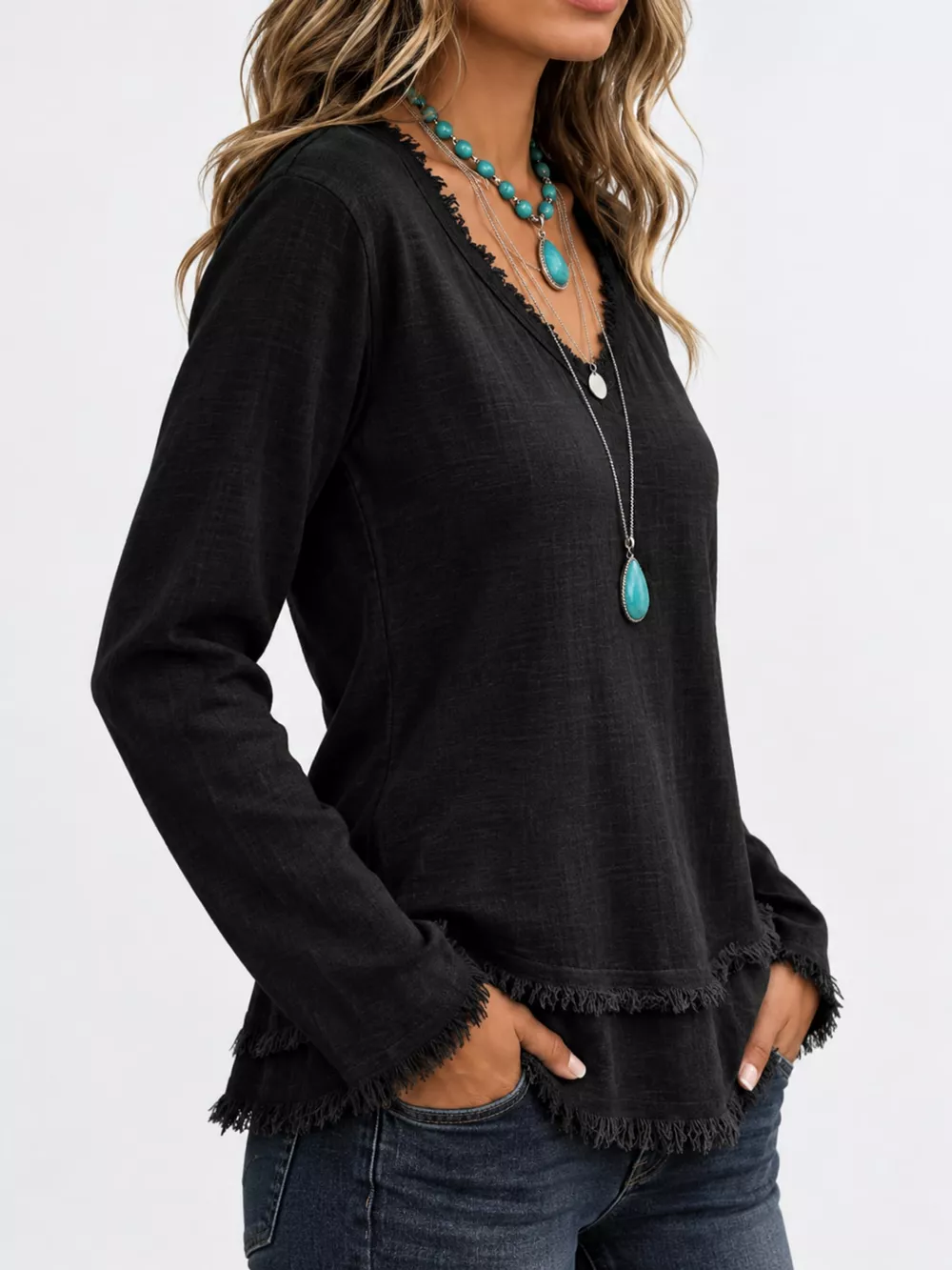 Full Size Frayed Hem V-Neck Long Sleeve Blouse Plus Size, image 7
