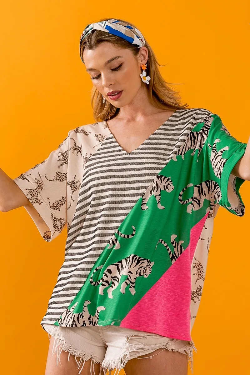 Tiger W Stripe Contrast Color Block V Neck Top, image 6