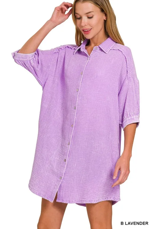 Washed Double Gauze Button Down Shirt Dress, image 5