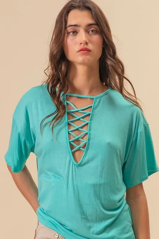 Jersey Knit Top with Criss Cross Front Neck Detail, image 6