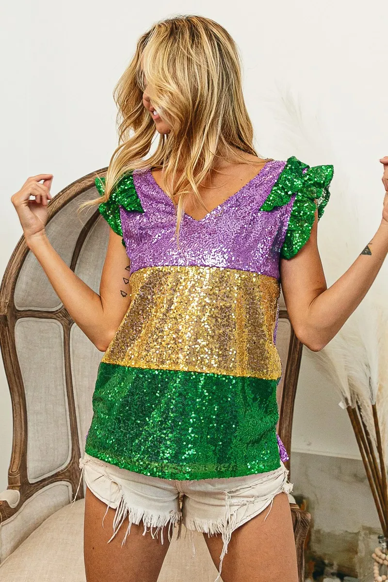 Mardi Gras Sequin Color Block Ruffled Top, image 9