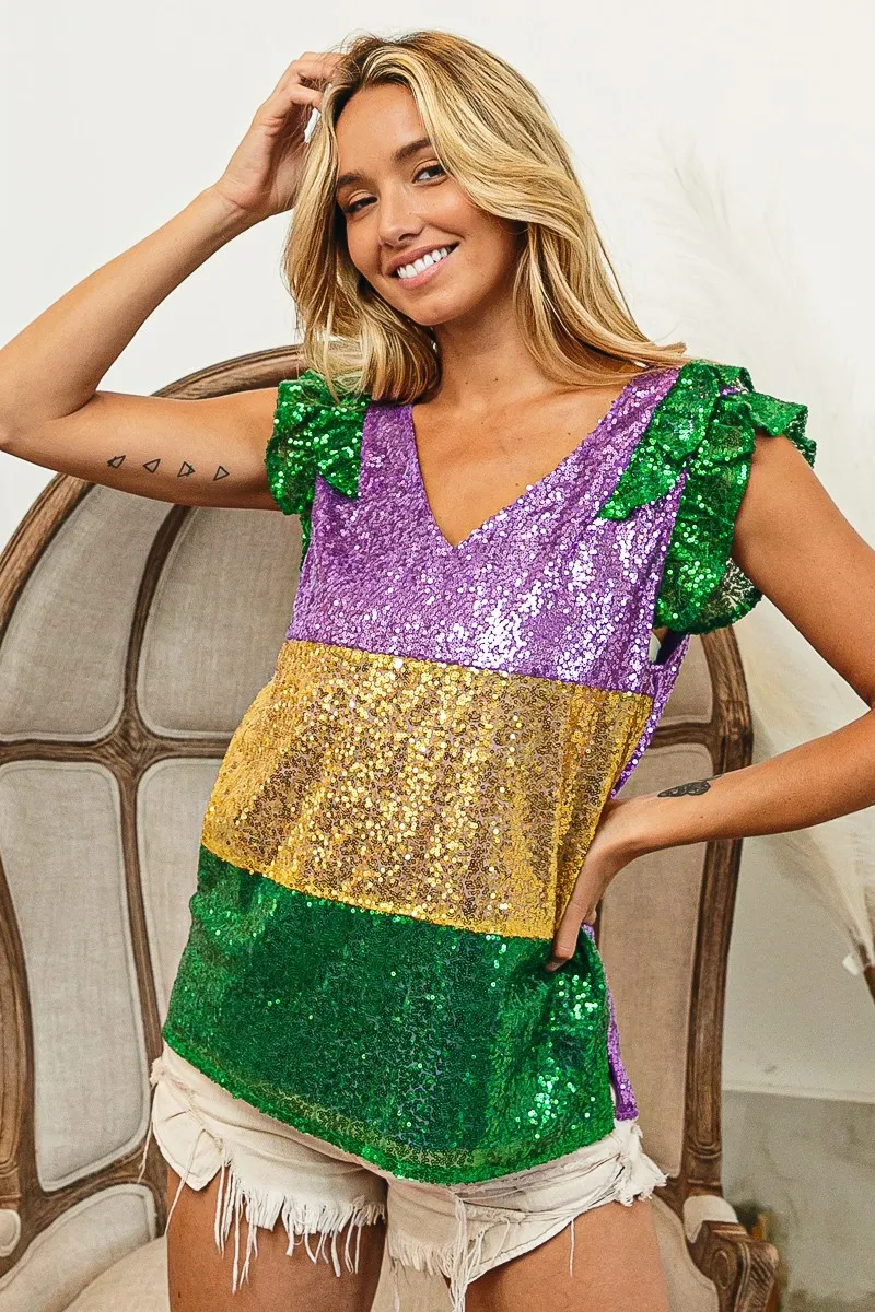 Mardi Gras Sequin Color Block Ruffled Top, image 10