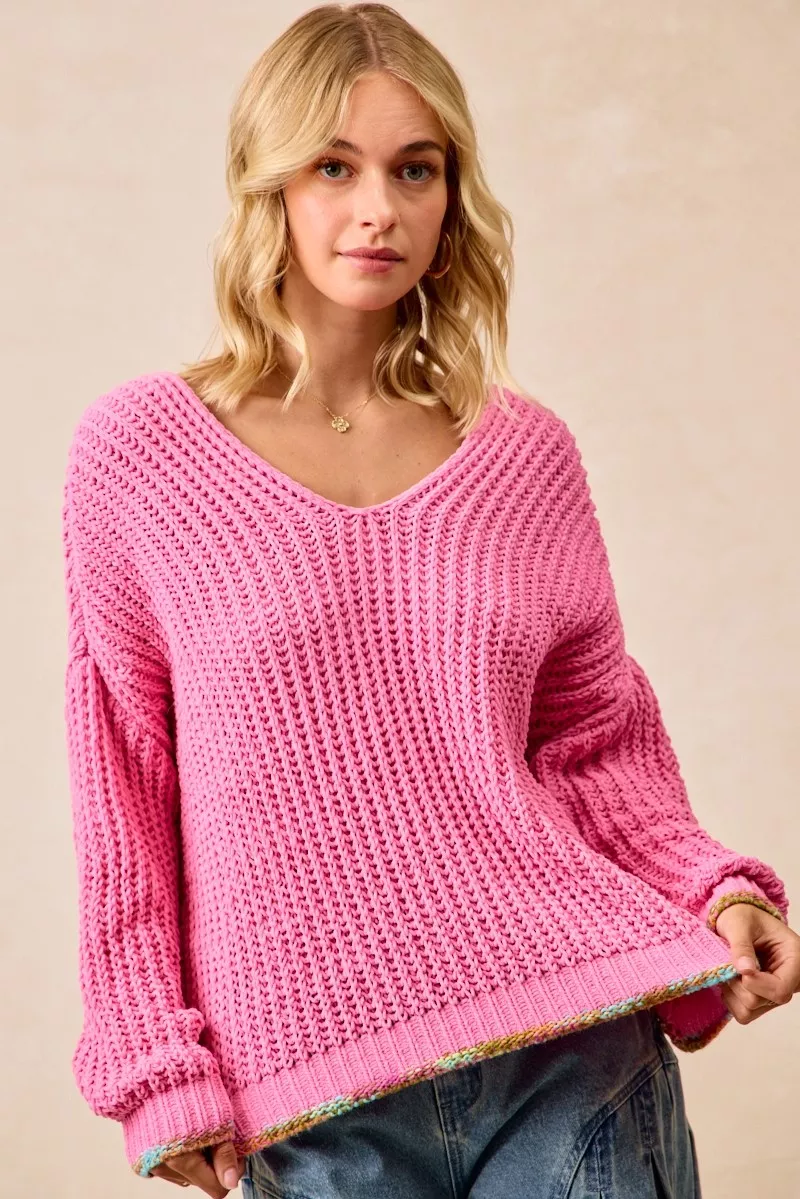 V-Neck Sweater with Colorful Trim, image 8
