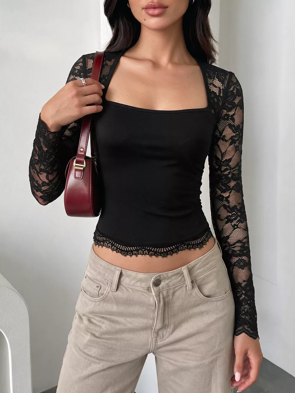 Lace Sleeve Square Neck Top, image 2