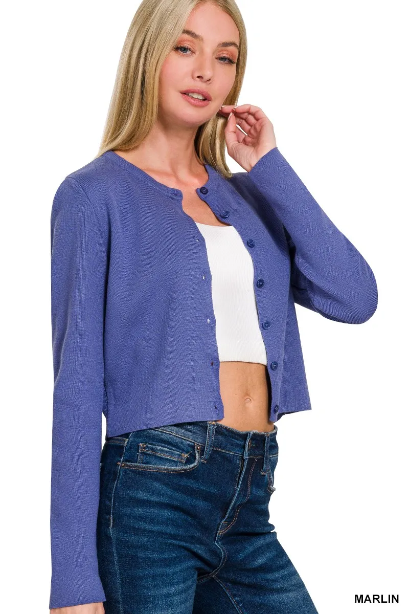 Button-Front Crewneck Long Sleeve Cropped Cardigan, image 3