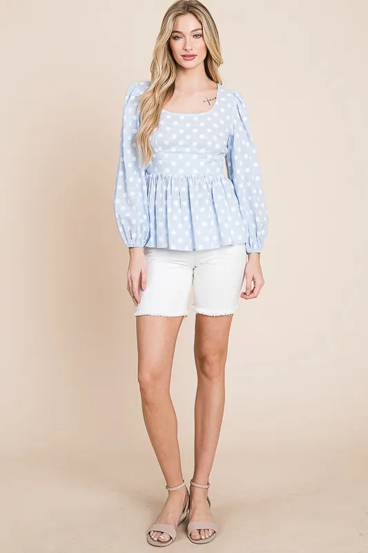 Polka Dot Print Balloon Sleeve Babydoll Peplum Top, image 6