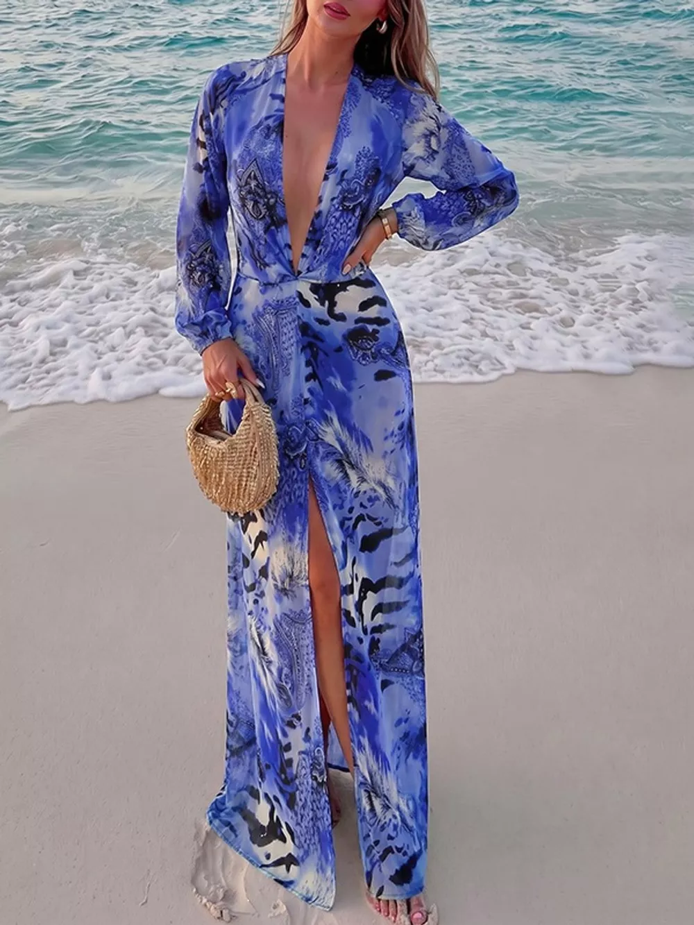Deep V-Neck Long Sleeve Printed Maxi Dress, image 23