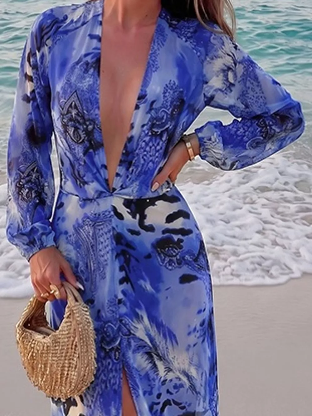 Deep V-Neck Long Sleeve Printed Maxi Dress, image 32