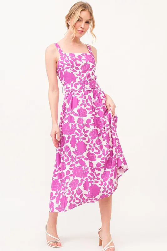 Square Neck Belted Floral Printed Midi Dress