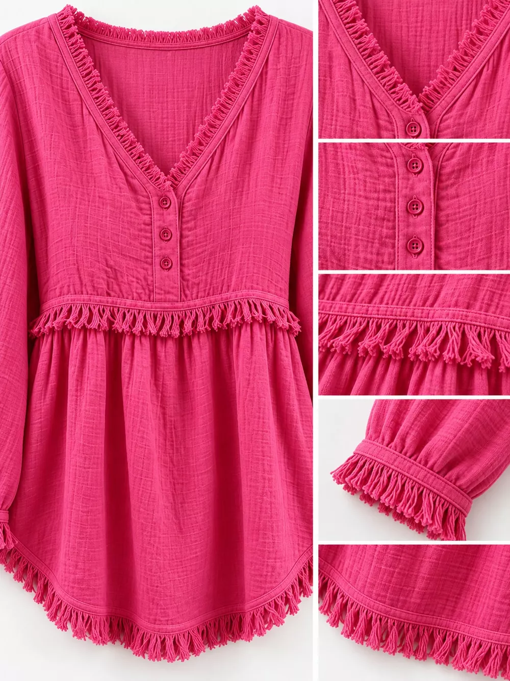 Full Size Fringed Trim V-Neck Long Sleeve Blouse Plus Size, image 43