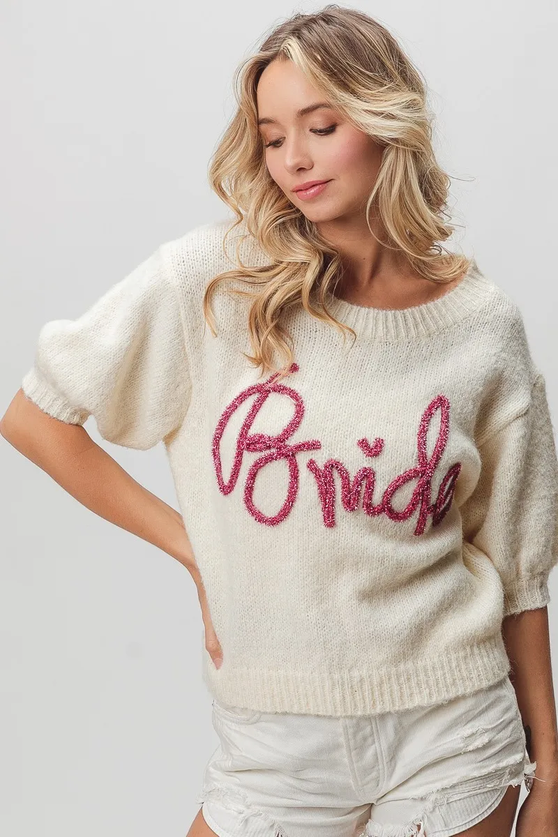 Metallic Letter Short Puff Sleeve Hairy Sweater, image 9