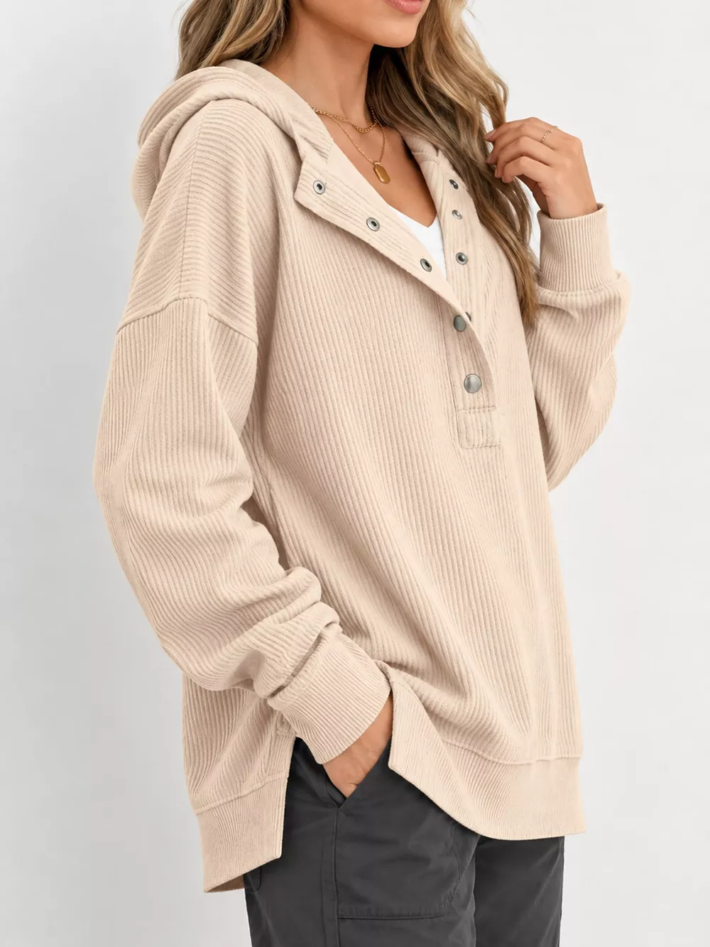 Full Size Snap Button Placket Dropped Shoulder Hoodie Plus Size, image 29