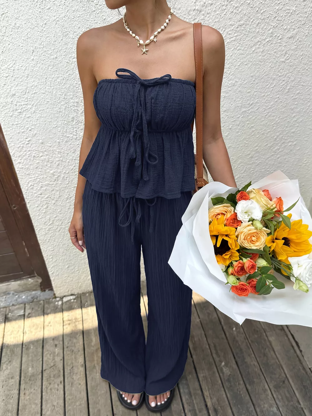 Textured Tube Top & Wide Leg Pants Set, image 2