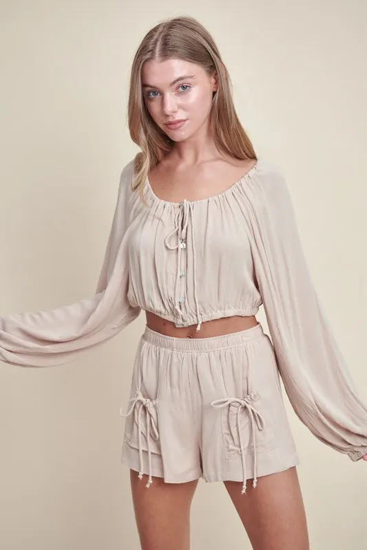 Gauze Long Sleeve Button Crop Top and Short Set